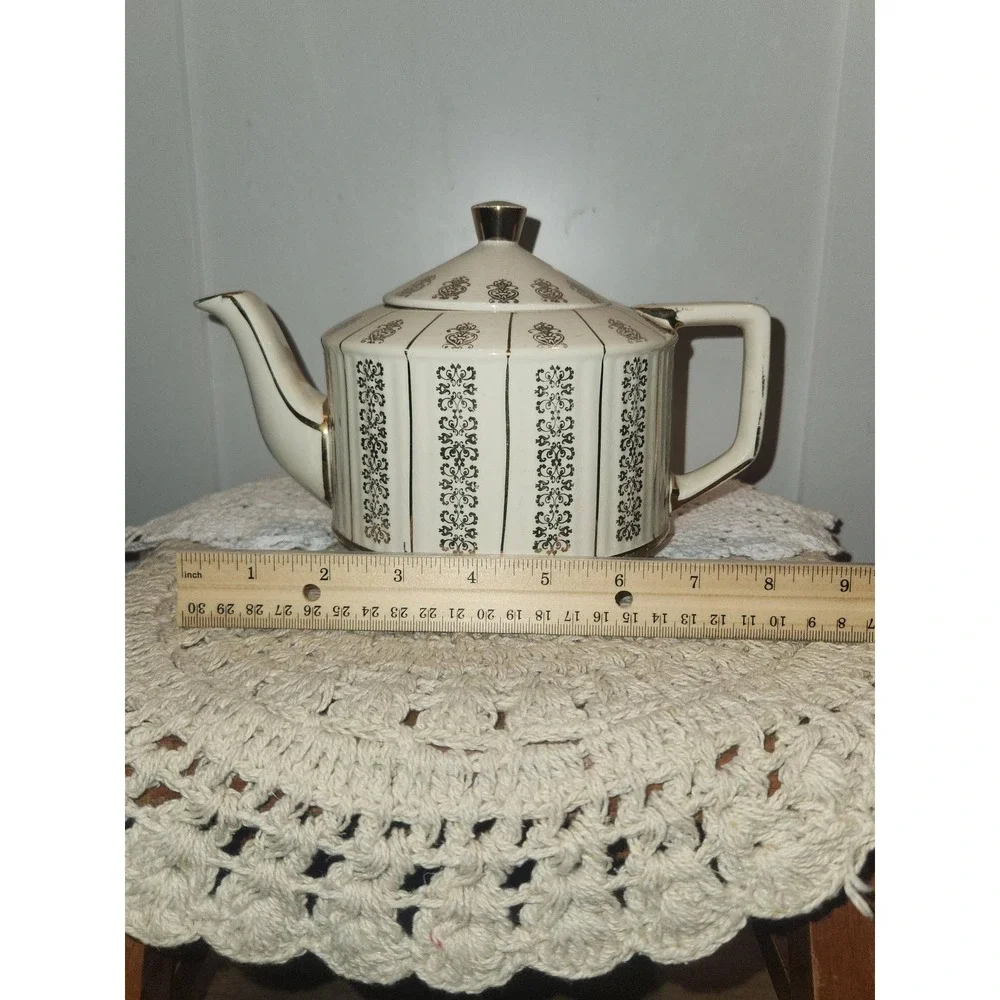 Antique 1950's Sadler Gold Filigree Ceramic Teapot with Lid Regency Style